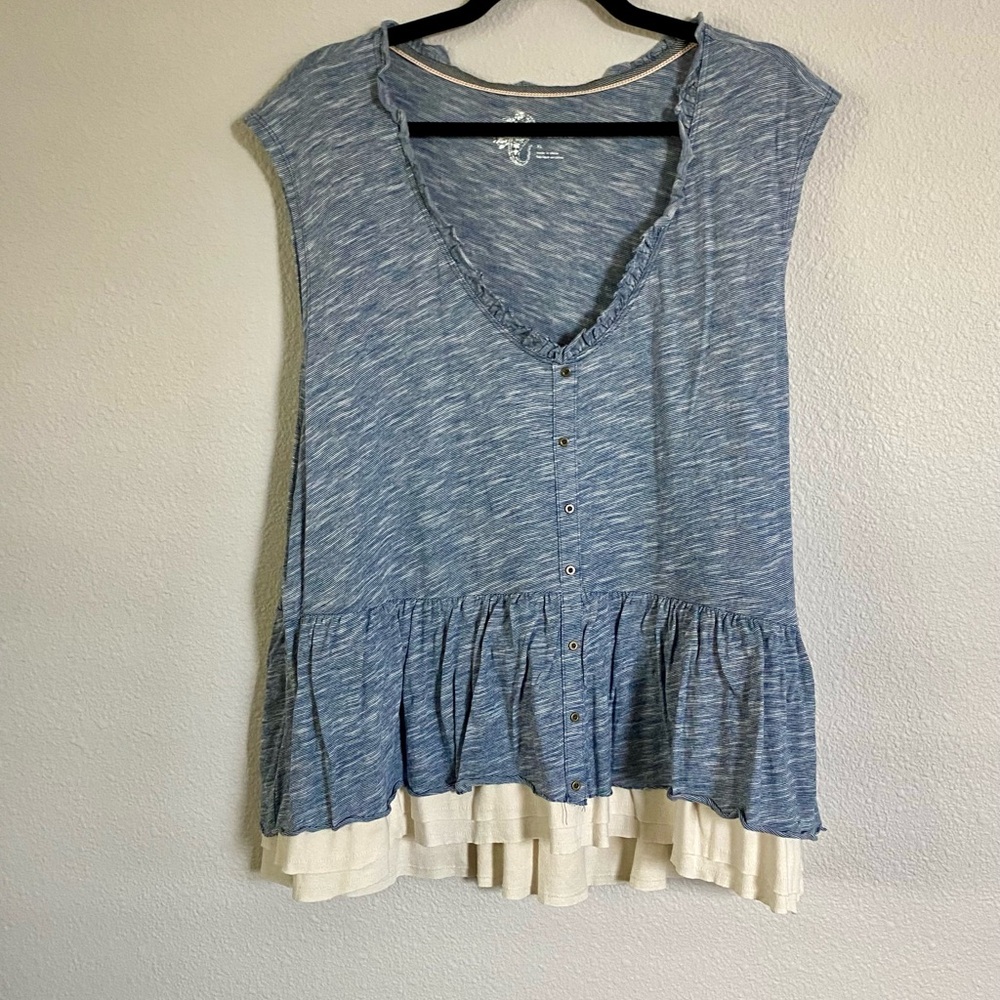Anthropologie Blue and Cream Layered Ruffle Tank Top
